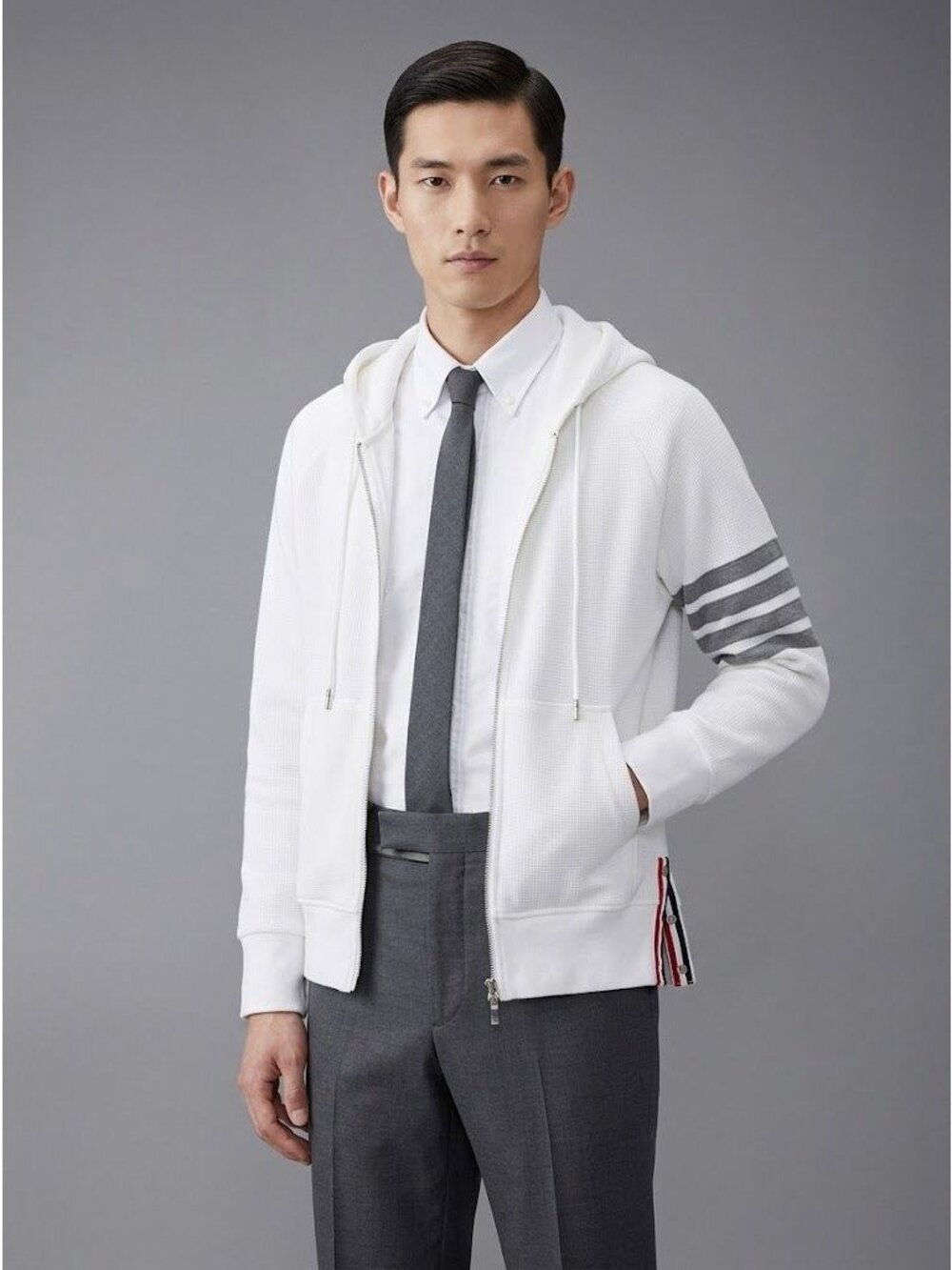 Thom Browne M Hooded Full-Zip Waffle-Knit Sweatshirt White Cotton Gray 4-Bar Str